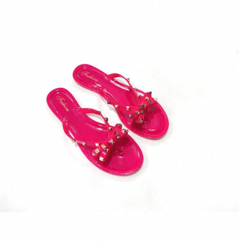 Ny Stil Nitskor Bowknot Flip Flops Sommarstrand Platt Transparent Gelékristall Tofflor Kvinnor