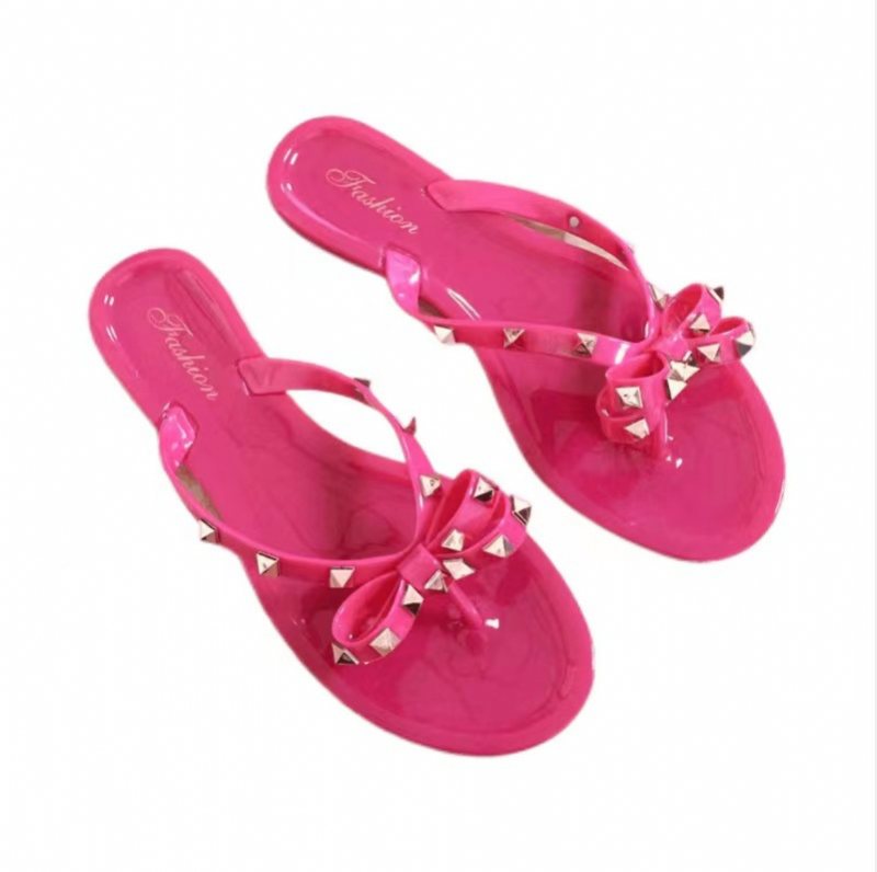 Ny Stil Nitskor Bowknot Flip Flops Sommarstrand Platt Transparent Gelékristall Tofflor Kvinnor