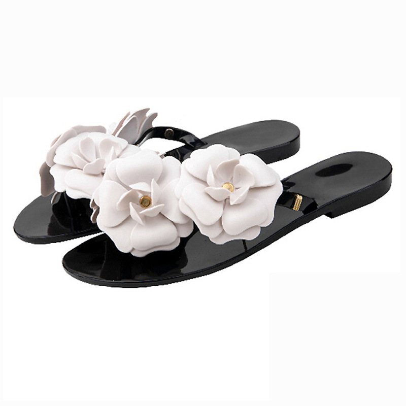 Nya Sommar Camellia Tofflor Plattbottnade Jelly Flip Flops Dam Halkfri Liten Doft Flower Beach Sandaler