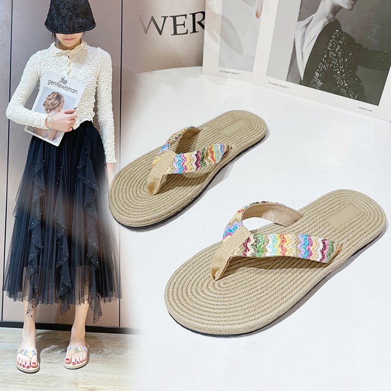 Sandaler Tofflor Dam Sommar 2024 Nya Vävda Flip Flops Casual Wedge Seaside Beach Damtofflor