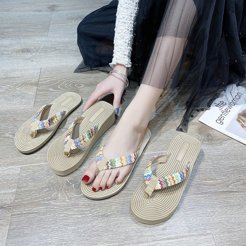 Sandaler Tofflor Dam Sommar 2024 Nya Vävda Flip Flops Casual Wedge Seaside Beach Damtofflor