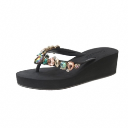 Sommar Ny Färg Glas Persika Hjärta Strass Tjock Botten Flip Flops Dammode Strand