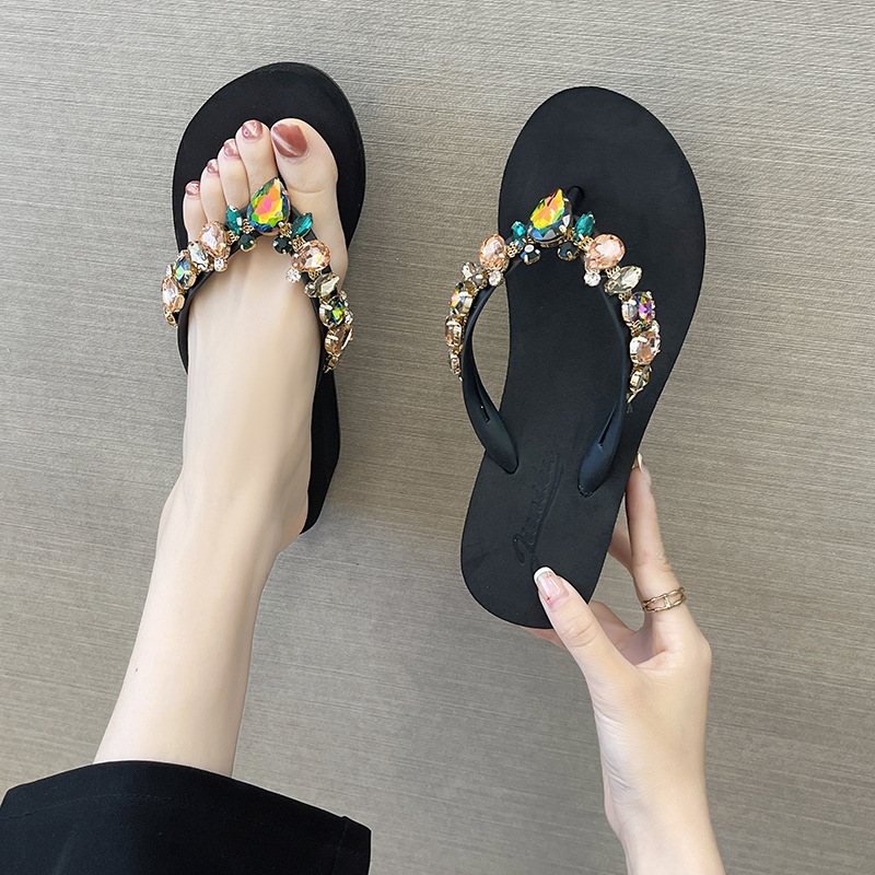 Sommar Ny Färg Glas Persika Hjärta Strass Tjock Botten Flip Flops Dammode Strand