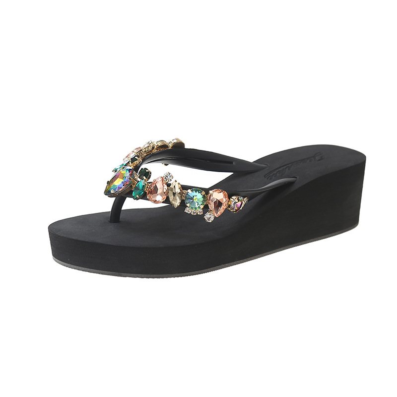 Sommar Ny Färg Glas Persika Hjärta Strass Tjock Botten Flip Flops Dammode Strand