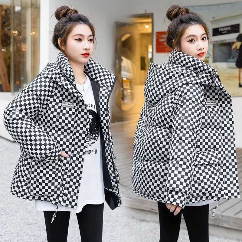 Checkerboard Cotton Coat Dam Kort Förtjockad Lös Huva