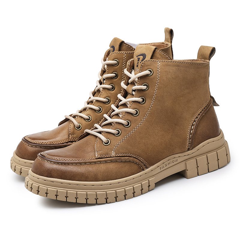 Retro High-top Herrskor Tjocksulor Casual Läderstövlar Kohud Herrstövlar Runda Tår Martin Boots För Ungdom