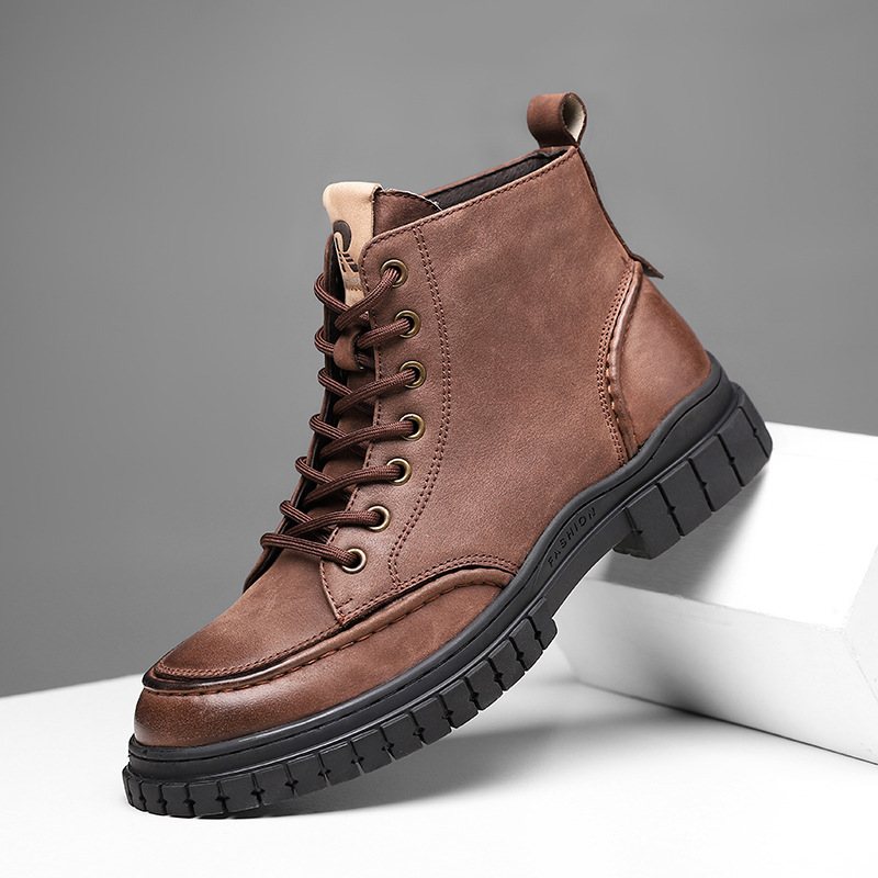 Retro High-top Herrskor Tjocksulor Casual Läderstövlar Kohud Herrstövlar Runda Tår Martin Boots För Ungdom