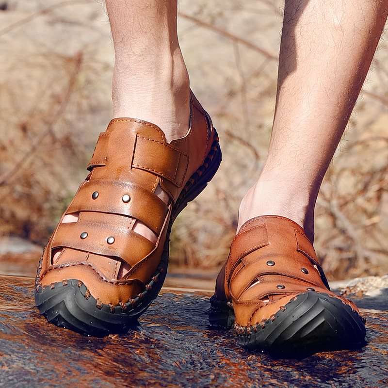 Nya Strandskor För Män Stor Storlek Andas Sandaler Retro Handsydda Baotou Casual Lädersandaler För Män Tofflor