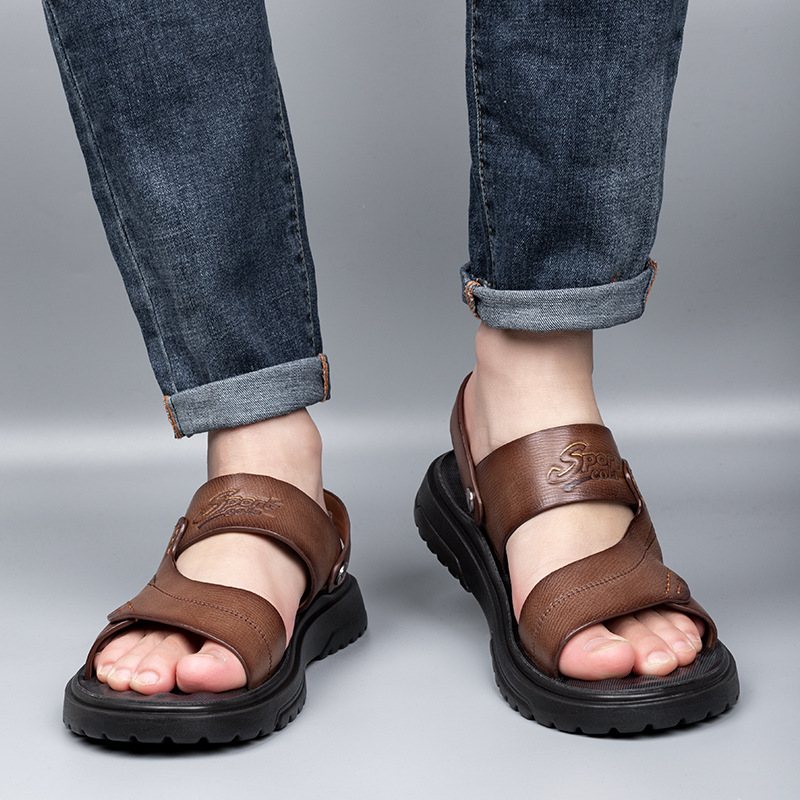 Sandaler Herr 2024 Sommar Nya Casual Strandskor Äkta Läder Mode Andas Tofflor Tjocksulor Skor Trend