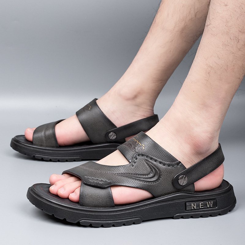 Sandaler Herr 2024 Sommar Nya Casual Strandskor Äkta Läder Mode Andas Tofflor Tjocksulor Skor Trend