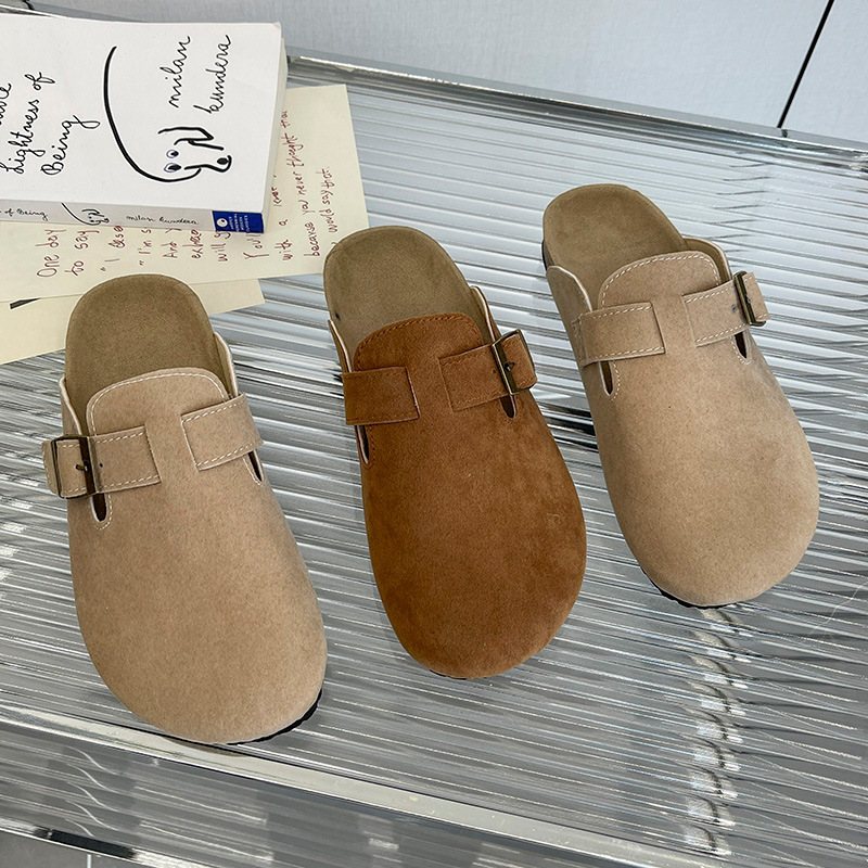 Baotou Tofflor Dam Avslappnad Retro Rund Tå Slip-on Bältesspänne Platt Muller