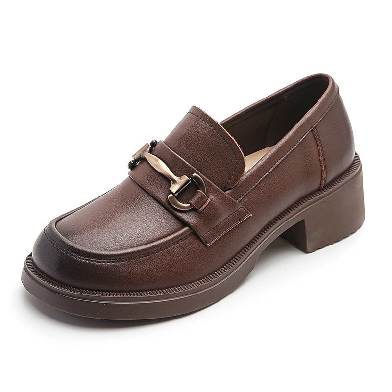 2024 Nya Klänningsskor I Läder Låg Topp Tjock Klack Loafers Rund Tå Slip-on Retro Platta Skor Damskor