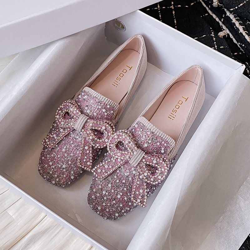 Platta Skor Dam 2024 Våren Nya Rosett Eleganta Strass Slip-on Ärtor